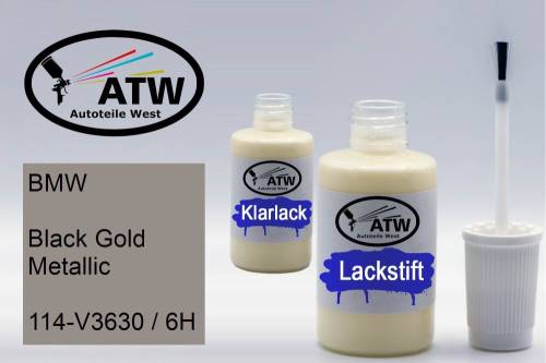 BMW, Black Gold Metallic, 114-V3630 / 6H: 20ml Lackstift + 20ml Klarlack - Set, von ATW Autoteile West.